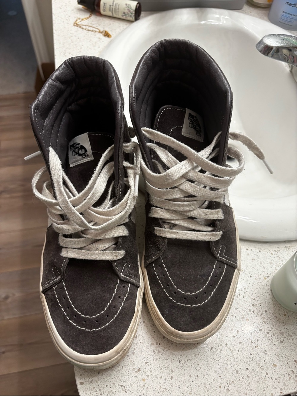 Vans Grey Suede High-Top Sneakers with White Laces - water resistant